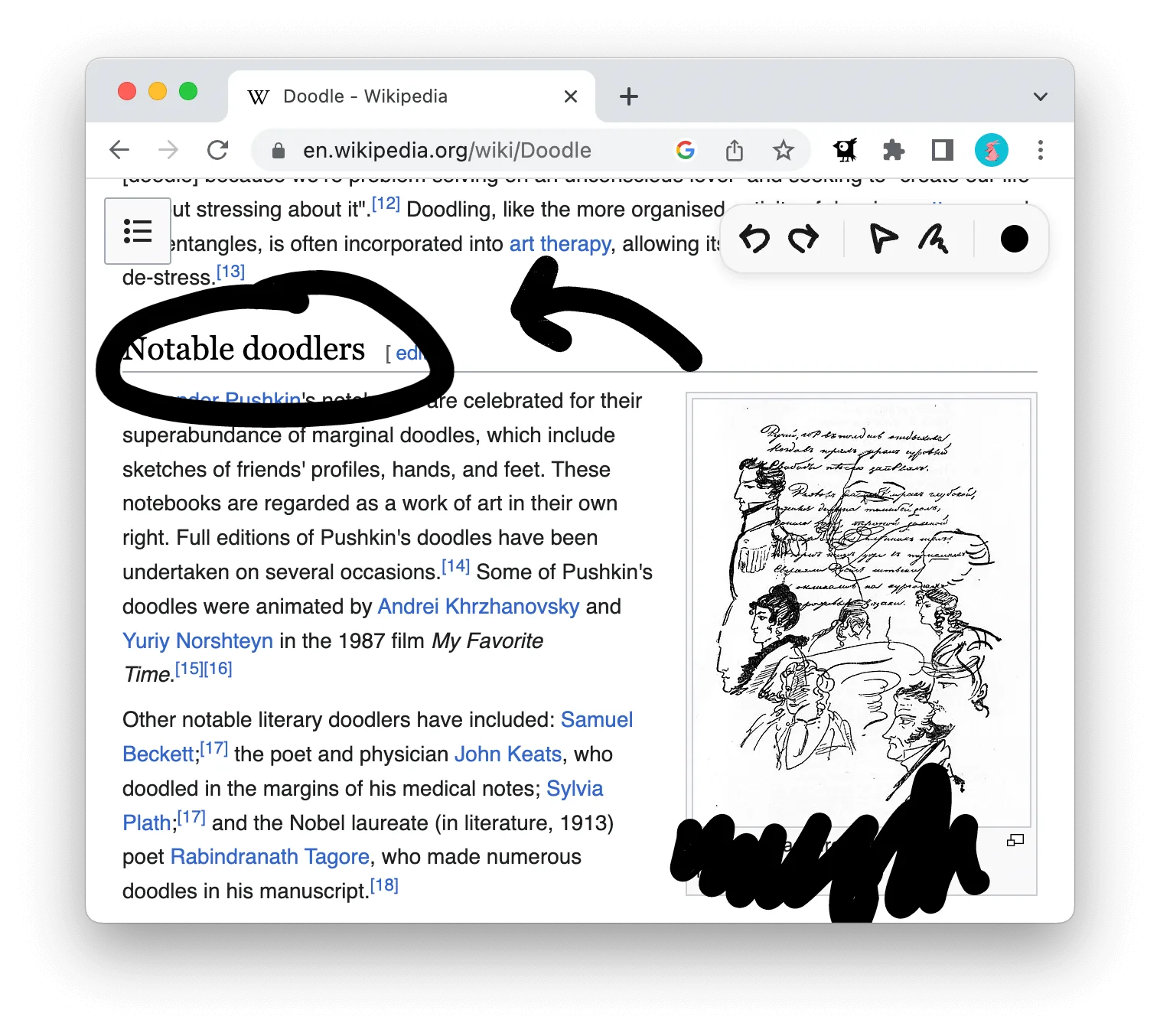 A Wikipedia article with a heading circled in ink, the annotation staying in place as the page scrolls.